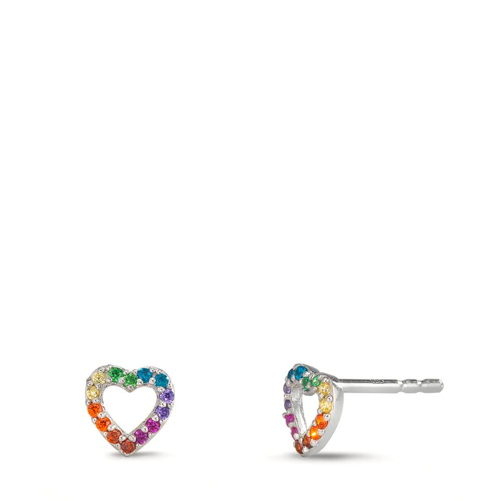 Orecchini a bottone Argento Zirconia color arcobaleno rodiato Cuore Ø6 mm