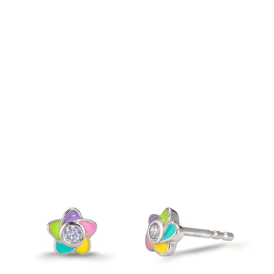 Orecchini a bottone Argento Zirconia 2 pietra rodiato Fiore Ø5.5 mm