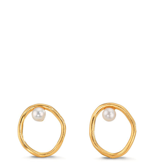Orecchini a bottone Argento giallo dorato Perla coltivata d'acqua dolce bianco, 2 Perla, 3 mm Ø11 mm