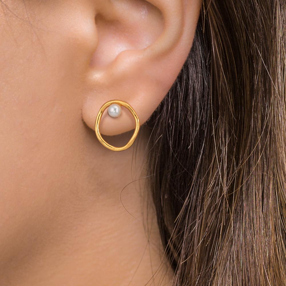 Orecchini a bottone Argento giallo dorato Perla coltivata d'acqua dolce bianco, 2 Perla, 3 mm Ø11 mm