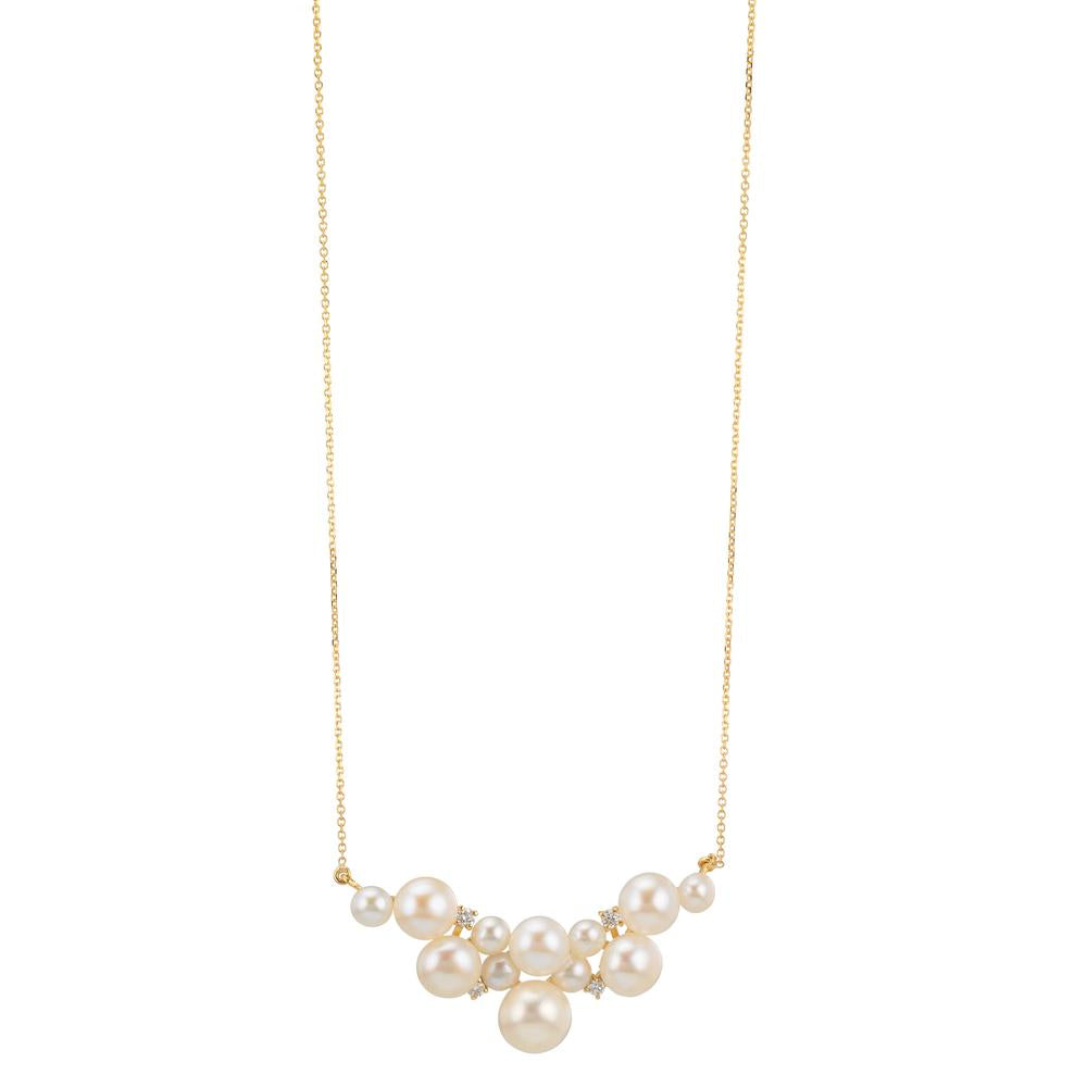 Collana Oro giallo 750/18 carati Diamante 0.08 ct, 4 pietra, w-si Perla coltivata d'acqua dolce, 12 Perla 3.5-6.5 mm 42-45 cm