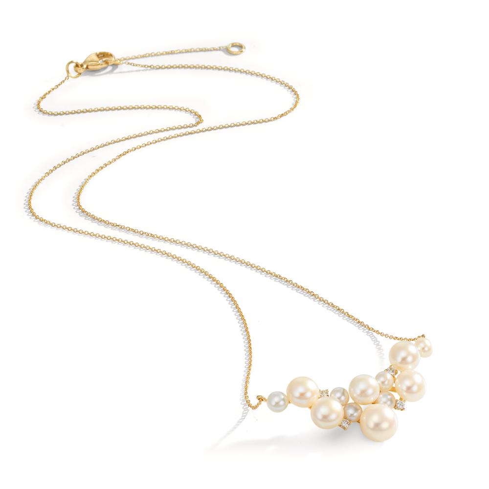Collana Oro giallo 750/18 carati Diamante 0.08 ct, 4 pietra, w-si Perla coltivata d'acqua dolce, 12 Perla 3.5-6.5 mm 42-45 cm