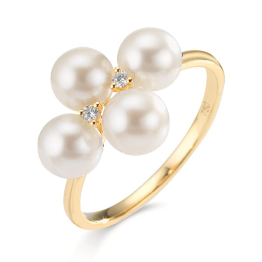 Anello Oro giallo 750/18 carati Diamante 0.30 ct, 2 pietra, w-si Perla coltivata d'acqua dolce, 4 Perla 5.5-6 mm